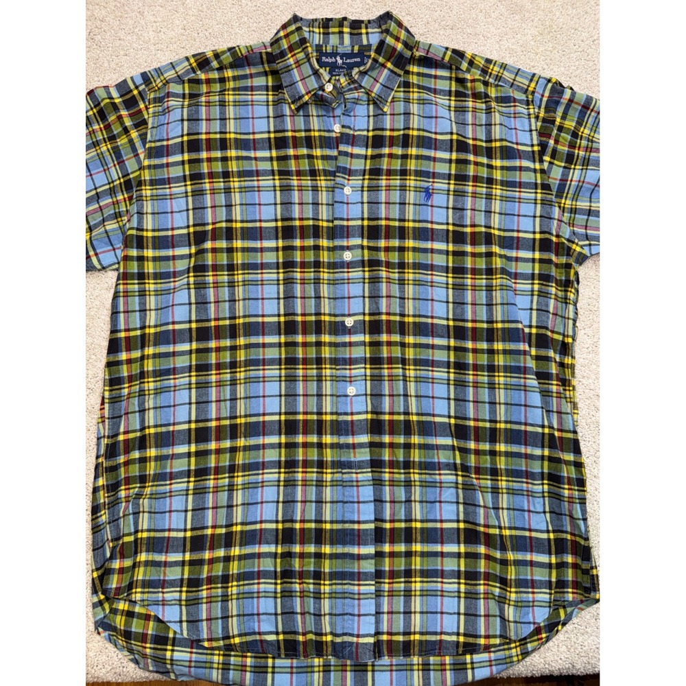 Ralph Lauren Blake Mens Large Short Sleeve Plaid Button Down Shirt Blue Green L